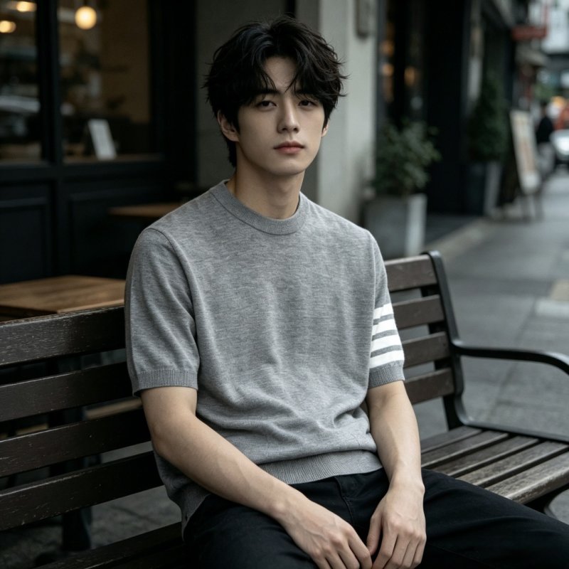 Grey Crew Neck T-Shirt with Stripe Sleeve Detail view