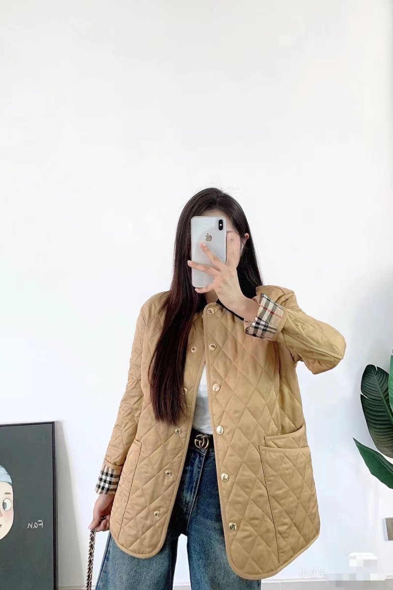 Burberry Quilted Camel Jacket with Plaid Cuff Detail