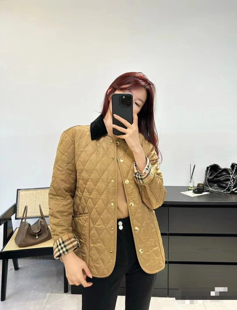Burberry Quilted Camel Jacket with Plaid Cuff Detail view