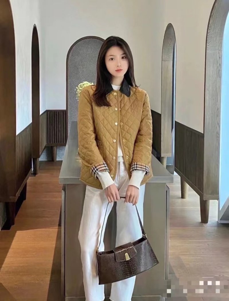 Burberry Quilted Camel Jacket with Plaid Cuff Detail view