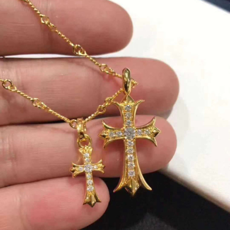 Chrome Hearts Gold Crystal Cross Pendant Necklace