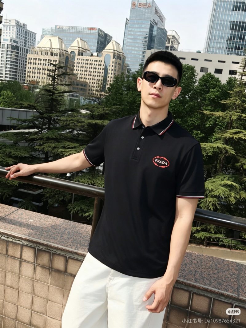 Prada Red Embroidered Letter Short Sleeve Polo Shirt Black view