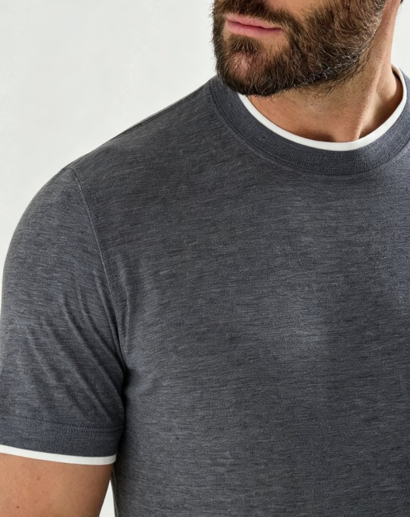 Charcoal Grey Crew Neck T-Shirt with White Trim view