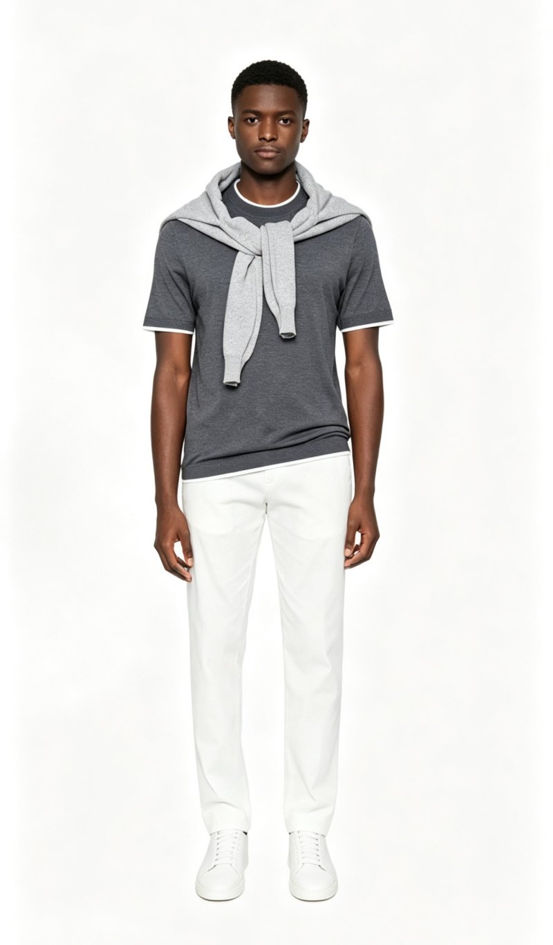 Charcoal Grey Crew Neck T-Shirt with White Trim view