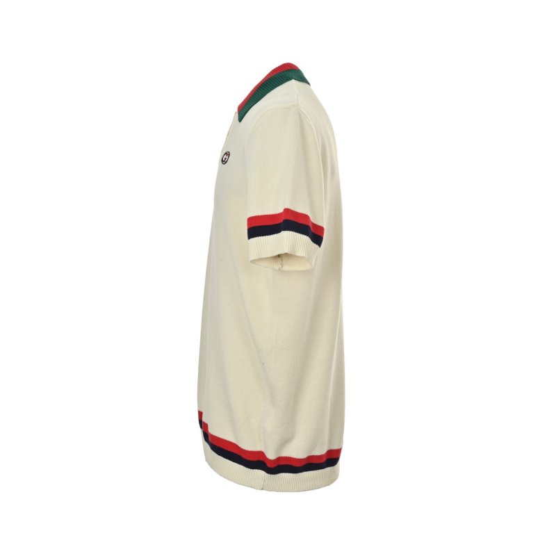 Cream Polo Short Sleeve T-Shirt with Red & Navy Stripe view