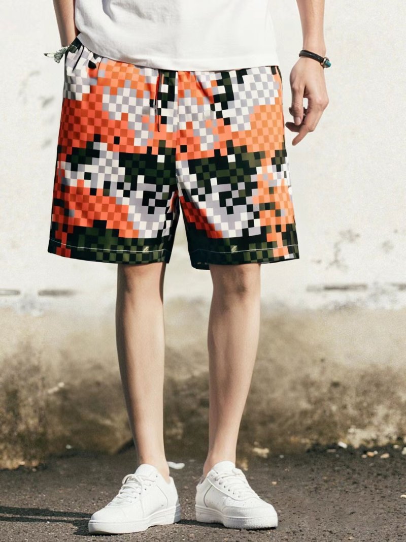 Checkered Orange & Black Pixelated Board Shorts