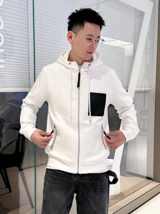 Stone Island White Zip Hoodie Jacket with Black Pocket view 1
