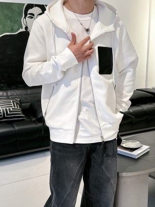 Stone Island White Zip Hoodie Jacket with Black Pocket view 4
