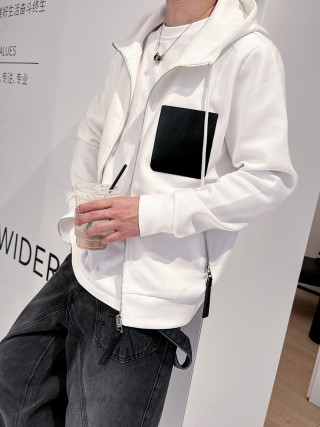 Stone Island White Zip Hoodie Jacket with Black Pocket view 5