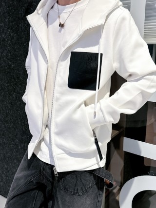 Stone Island White Zip Hoodie Jacket with Black Pocket view 6