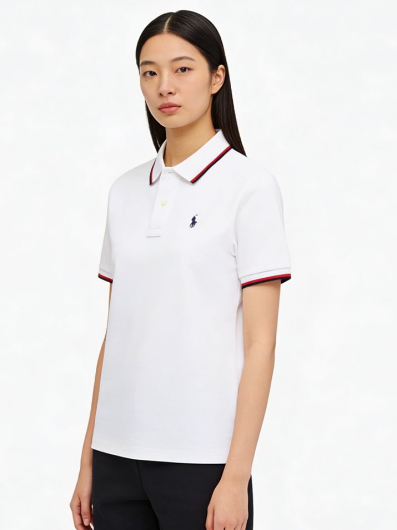 Polo Ralph Lauren Women's White Polo Shirt with Red Stripe Trim