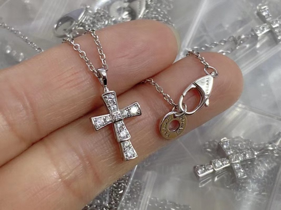 Bulgari Serpenti Cross Diamond Pendant Necklace Silver