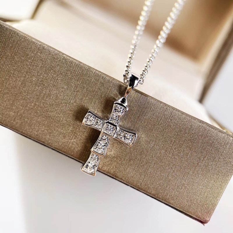 Bulgari Serpenti Cross Diamond Pendant Necklace Silver view