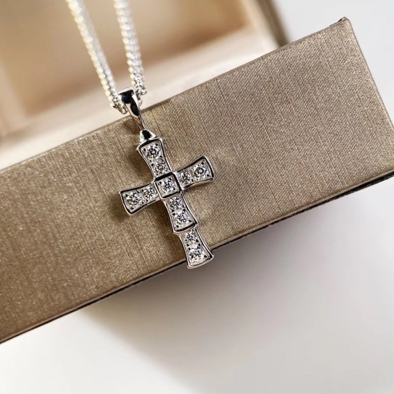 Bulgari Serpenti Cross Diamond Pendant Necklace Silver view