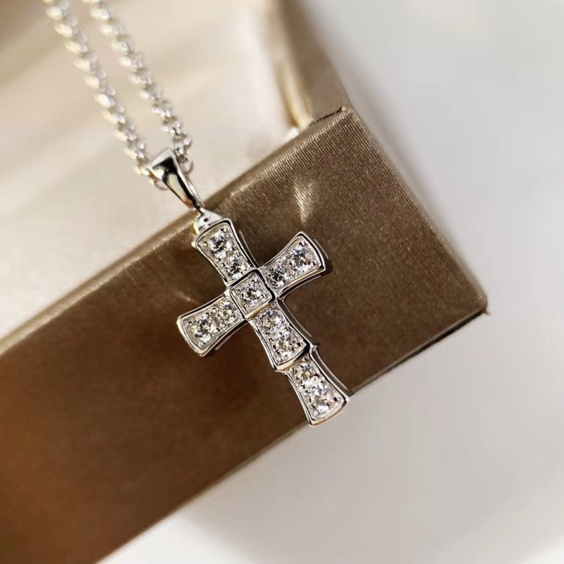 Bulgari Serpenti Cross Diamond Pendant Necklace Silver view