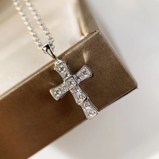 Bulgari Serpenti Cross Diamond Pendant Necklace Silver view 4