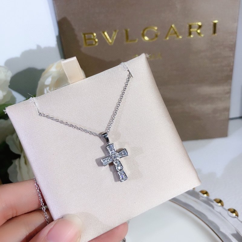 Bulgari Serpenti Cross Diamond Pendant Necklace Silver view
