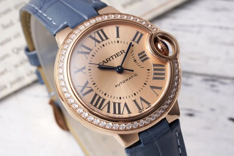 Cartier Ballon Bleu 33mm Rose Gold Blue Leather Watch view 2