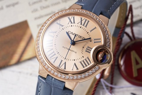 Cartier Ballon Bleu 33mm Rose Gold Blue Leather Watch view 3