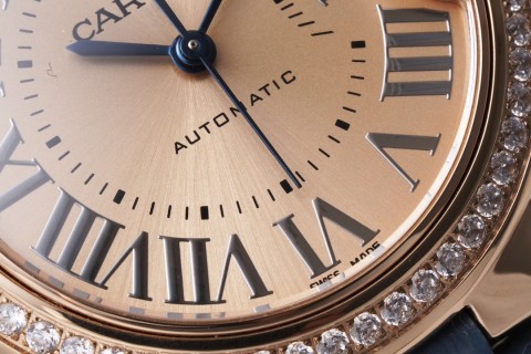Cartier Ballon Bleu 33mm Rose Gold Blue Leather Watch view 5