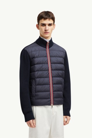 Moncler Navy Down Puffer Jacket with Knit Sleeves view 2