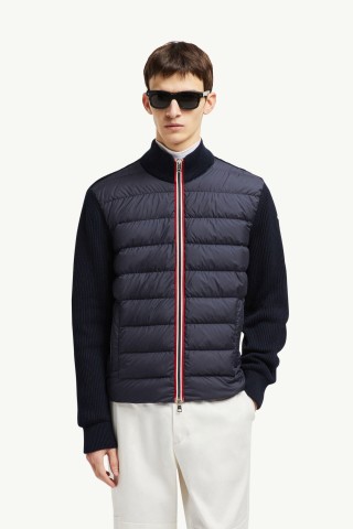Moncler Navy Down Puffer Jacket with Knit Sleeves view 3