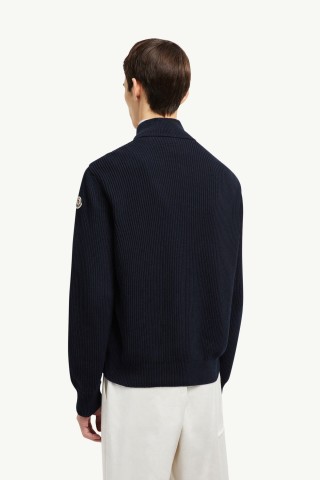Moncler Navy Down Puffer Jacket with Knit Sleeves view 6