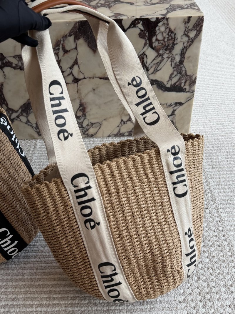 Chloé Straw Basket Tote with Logo Canvas Handles view