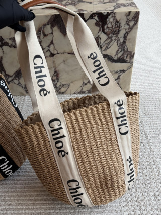 Chloé Straw Basket Tote with Logo Canvas Handles view 7
