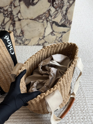 Chloé Straw Basket Tote with Logo Canvas Handles view 8