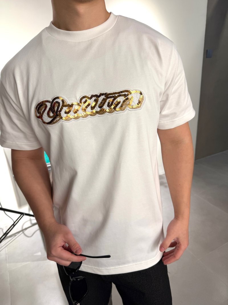 White Crew Neck T-Shirt with Gold Chain Embroidered Graphic