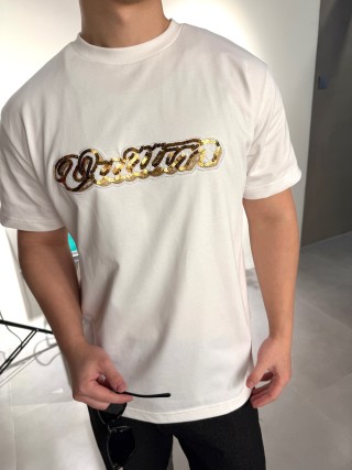 White Crew Neck T-Shirt with Gold Chain Embroidered Graphic view 1
