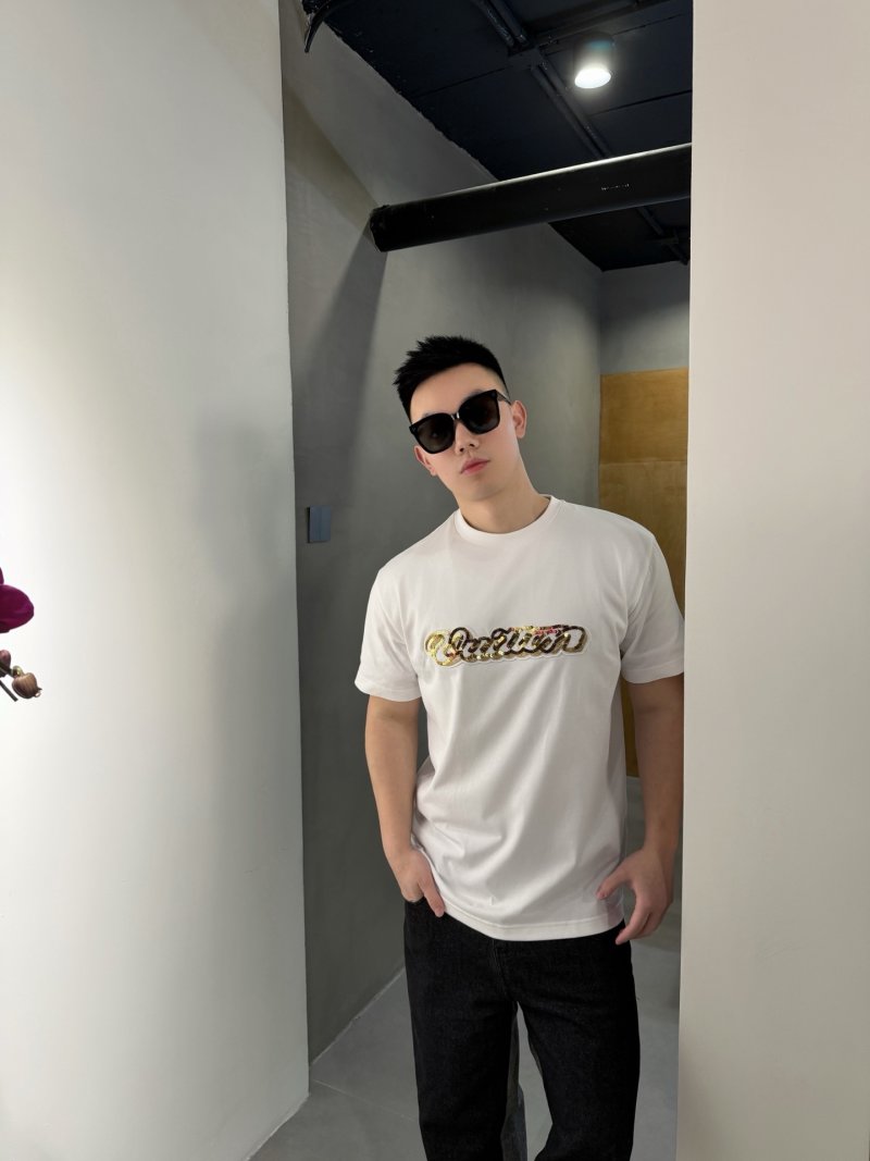 White Crew Neck T-Shirt with Gold Chain Embroidered Graphic view