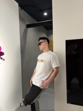 White Crew Neck T-Shirt with Gold Chain Embroidered Graphic view 5