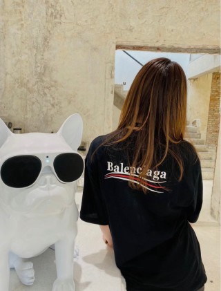 Balenciaga Black Logo T-Shirt with Red Stripe view 1