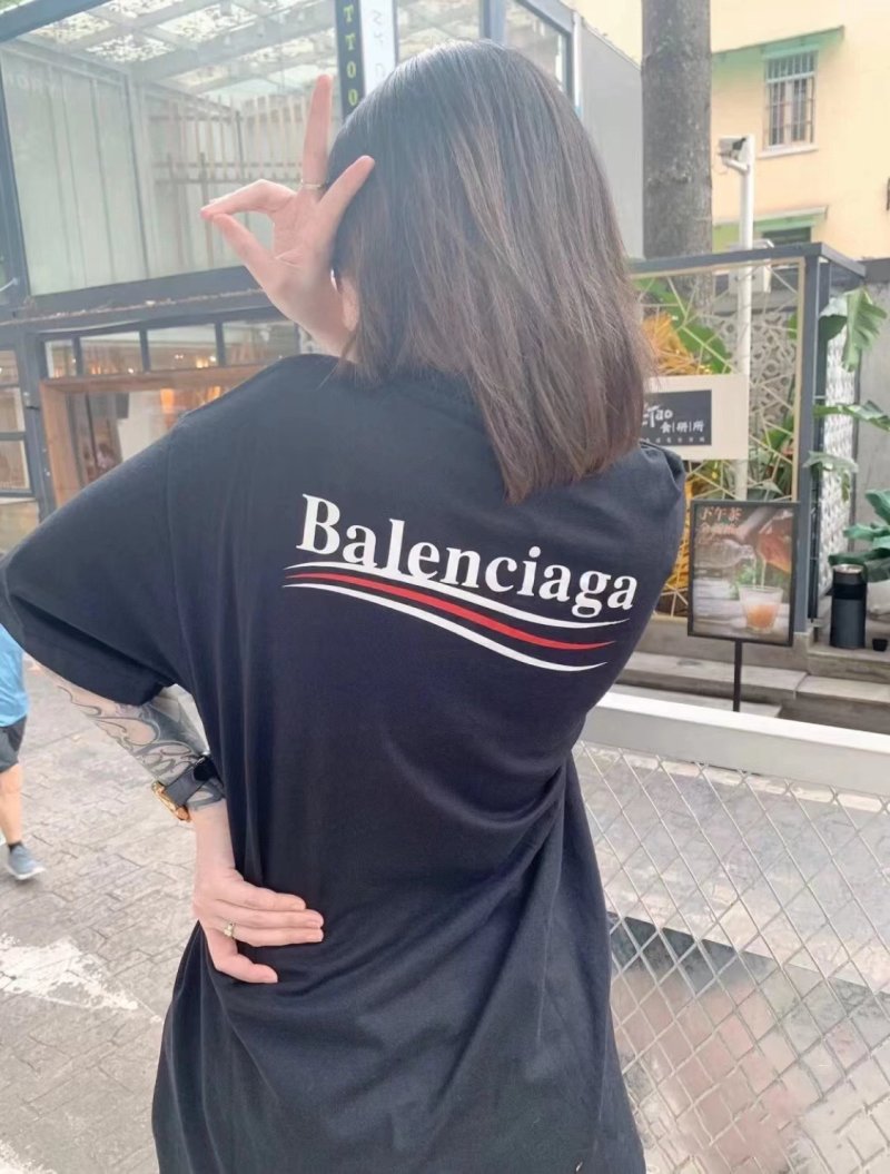 Balenciaga Black Logo T-Shirt with Red Stripe view