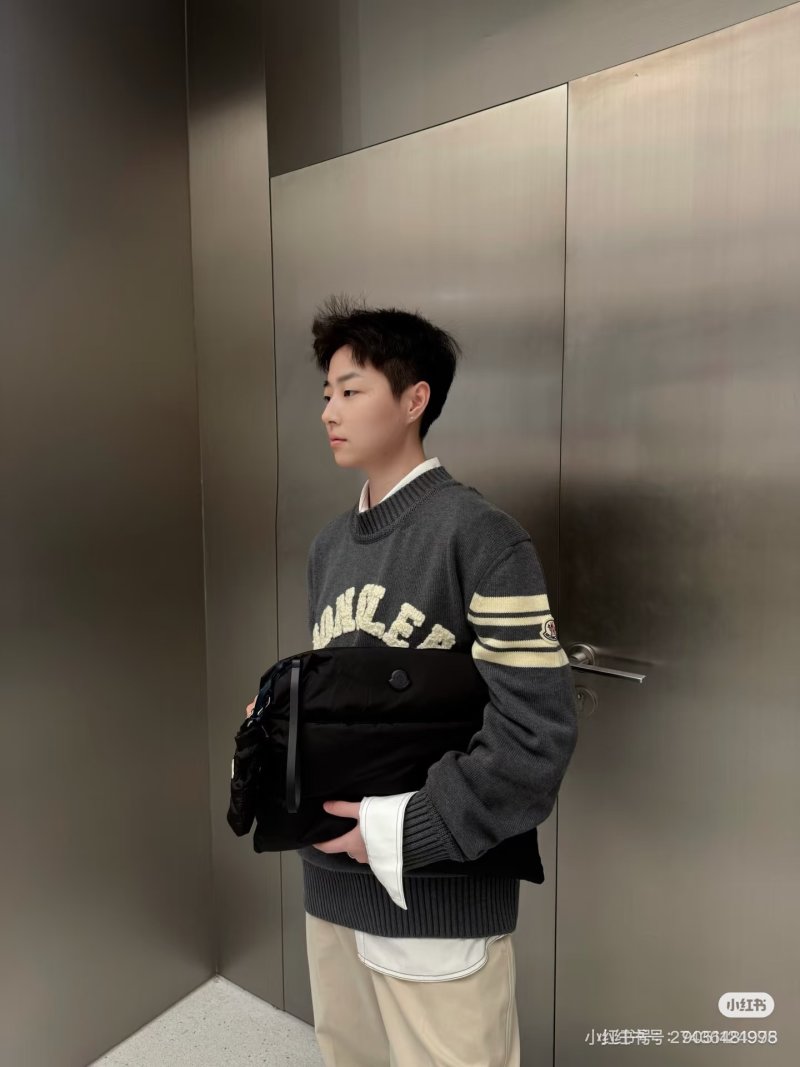 Moncler Charcoal Logo Crew Neck Sweater with Stripe Sleeves