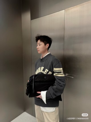 Moncler Charcoal Logo Crew Neck Sweater with Stripe Sleeves view 1
