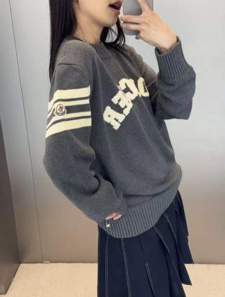 Moncler Charcoal Logo Crew Neck Sweater with Stripe Sleeves view 3