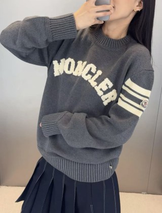Moncler Charcoal Logo Crew Neck Sweater with Stripe Sleeves view 4
