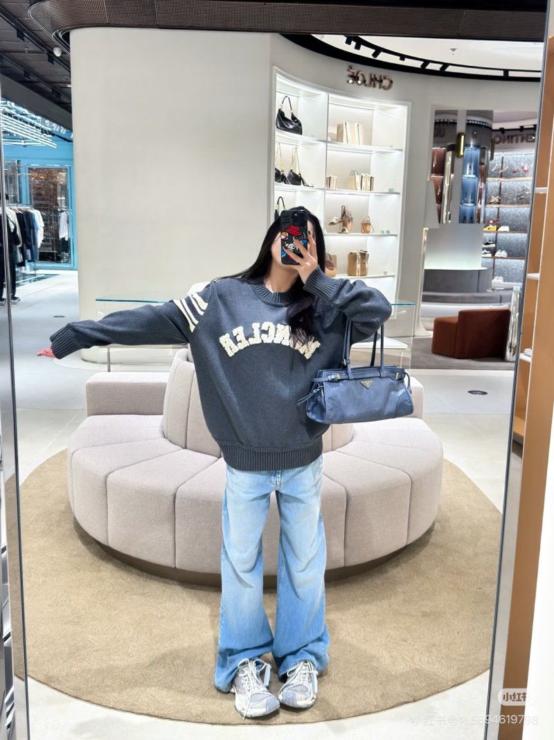 Moncler Charcoal Logo Crew Neck Sweater with Stripe Sleeves view
