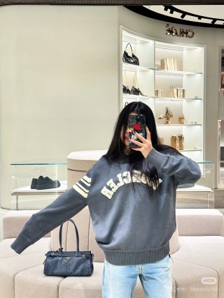 Moncler Charcoal Logo Crew Neck Sweater with Stripe Sleeves view 6