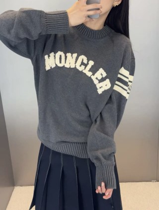 Moncler Charcoal Logo Crew Neck Sweater with Stripe Sleeves view 7