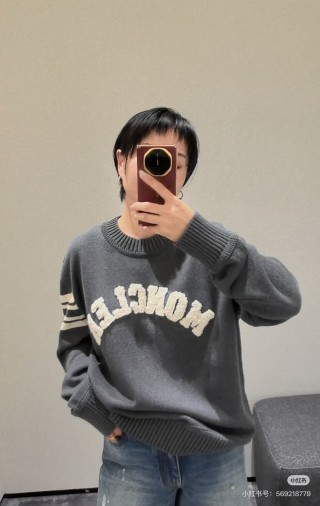 Moncler Charcoal Logo Crew Neck Sweater with Stripe Sleeves view 9