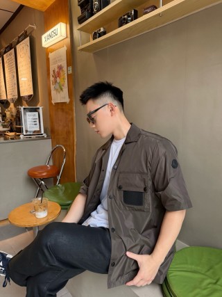 Stone Island Charcoal Short Sleeve Overshirt with Mesh Pocket view 3