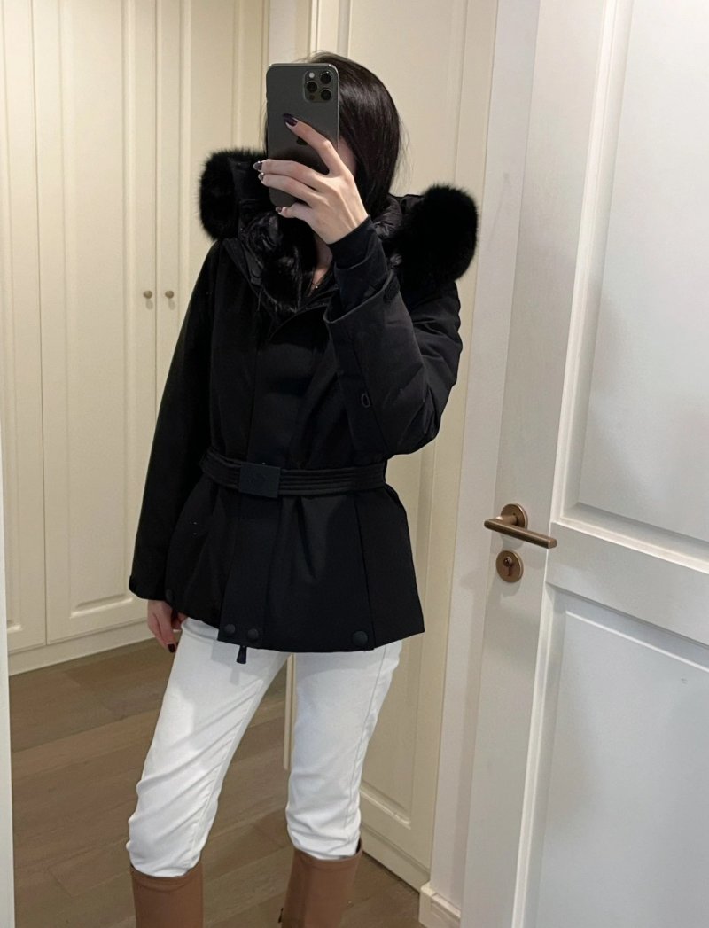 Black Puffer Down Jacket with Fur Hood and Waist Belt