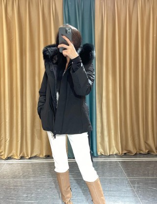 Black Puffer Down Jacket with Fur Hood and Waist Belt view 2