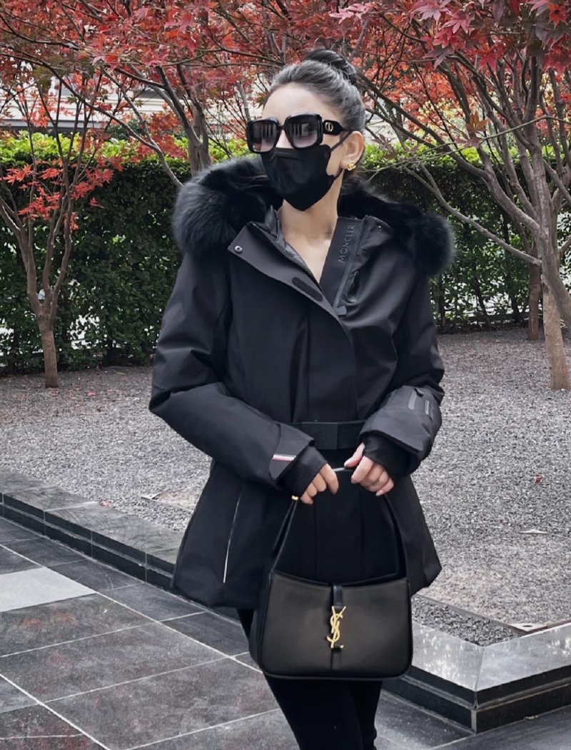 Black Puffer Down Jacket with Fur Hood and Waist Belt view