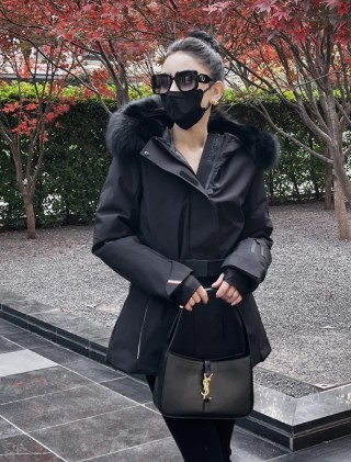 Black Puffer Down Jacket with Fur Hood and Waist Belt view 3