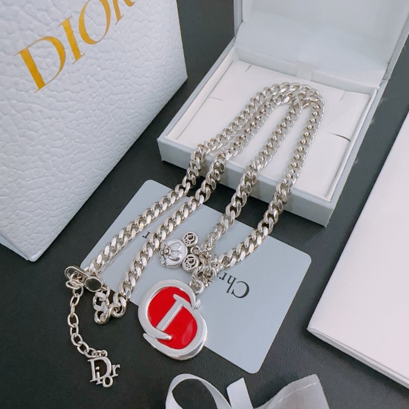 Dior Silver Chunky Chain Necklace with Red Logo Pendant
